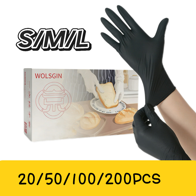 Rubber Glove Cleaning - ถุงมือไนไตรล์สังเคราะห์แบบใช้แล้วทิ้งสีดำ 10/50/100/200 ชิ้น เหมาะสำหรับงานครัว การทำเบเกอรี่ การสัก